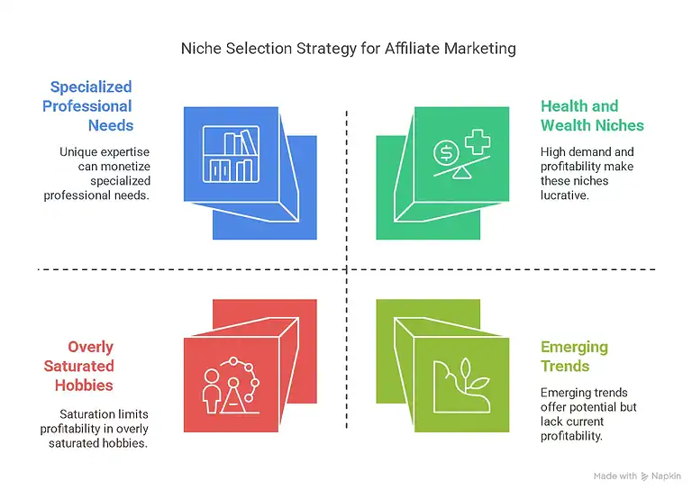 Affiliate Marketing Niche Selection Strategy: Professional, Health, Hobbies, Trends.